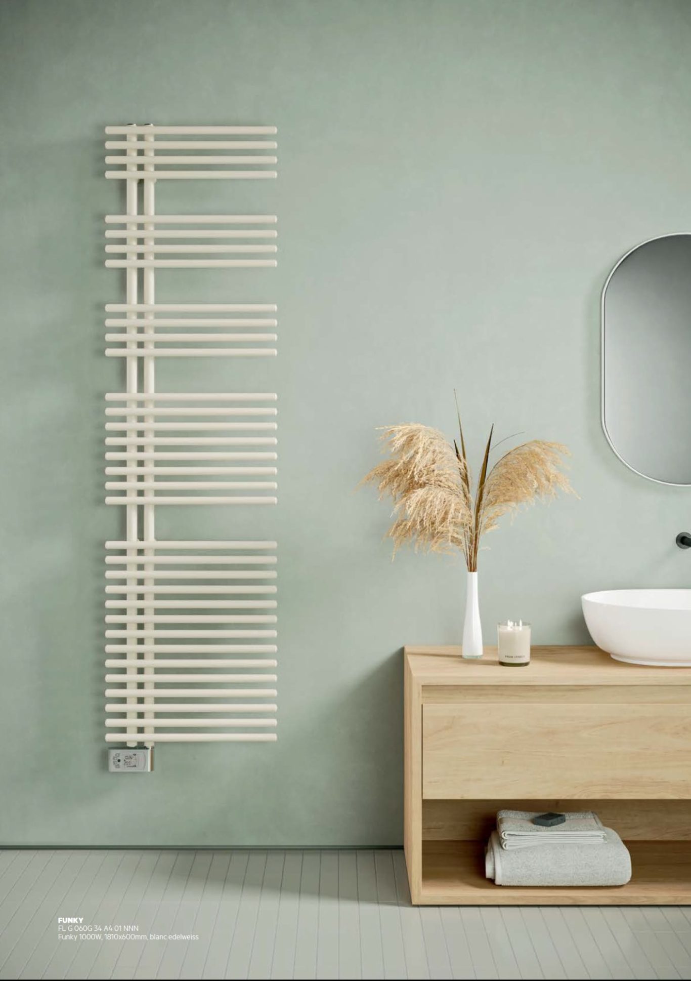 Radiateur FUNKY Radiateur design en bois clair, mur vert, meuble en bois et vasque moderne.