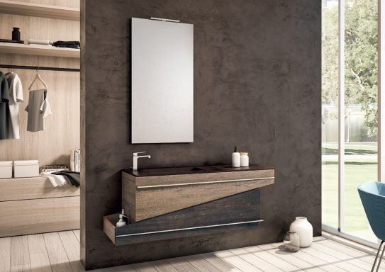 Meuble de salle de bains moderne en bois avec miroir et vasque intégrée.