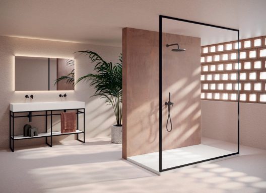Salle de bain moderne avec une douche en verre, un miroir et une plante verte.